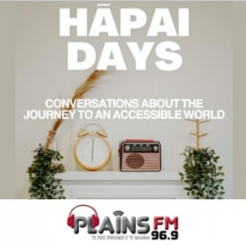 Plains FM Hāpai Days conversations about the journey to accessibility radio show. Radio and clock on a shelf
