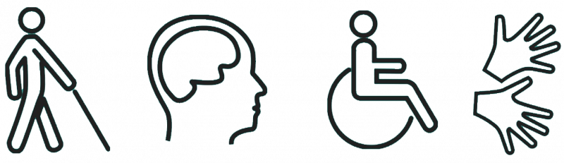 Silhouette characters to represent blindness, cognitive, mobility and NZSL