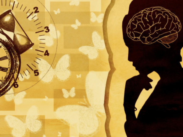 A silhouette of a person thinking, with a brain outline inside their head. On the left, there’s a clock and hourglass. Butterflies are scattered in the background, with warm yellow and beige tones.