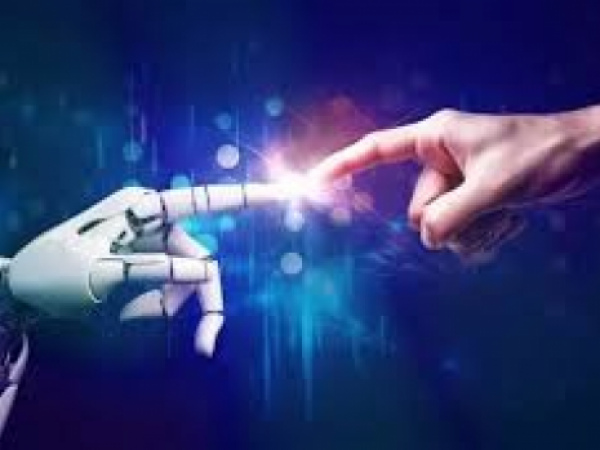 A robot hand reaching out through the web to touch finger to finger with a human hand. This creates a spark at both fingertips.