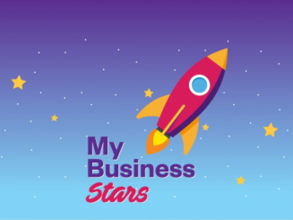 Red and yellow rocket on a blue background with the words My Business Stars