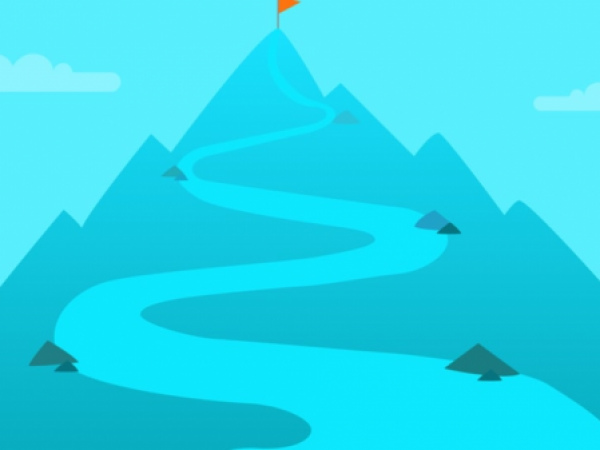 A path winds its way up a blue mountain ending at an orange flag on the highest peak.